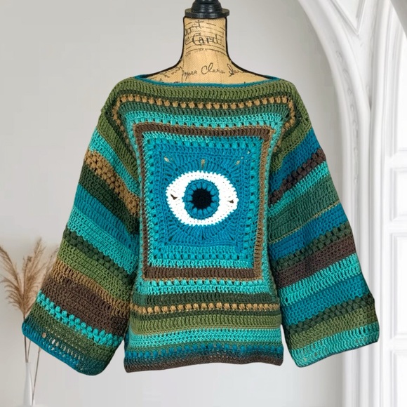 Handmade Crochet Evil Eye Sweater New handcrafted Bohemian Wide Sleeved - Picture 9 of 12
